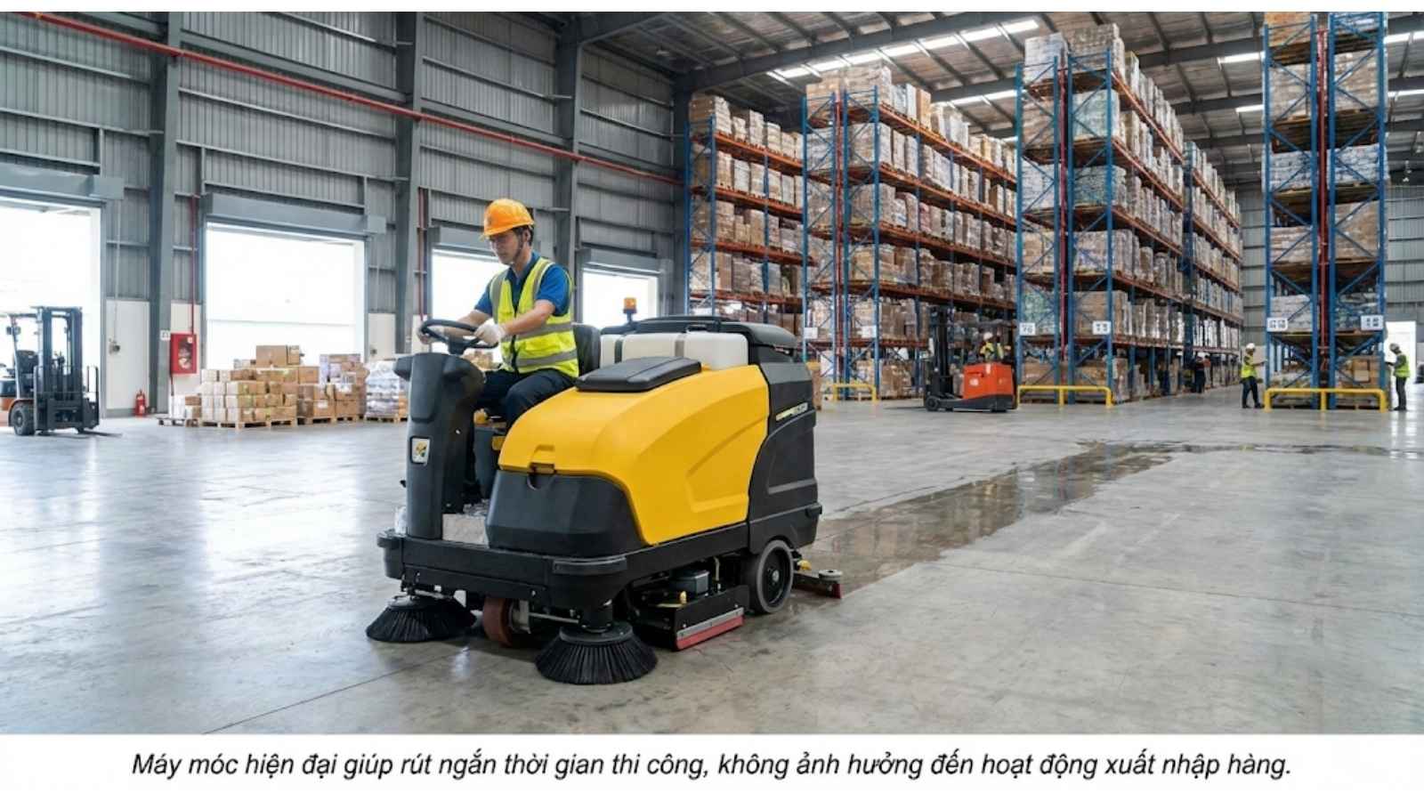 Máy móc hiện đại giúp rút ngắn thời gian thi công, không ảnh hưởng đến hoạt động xuất nhập hàng