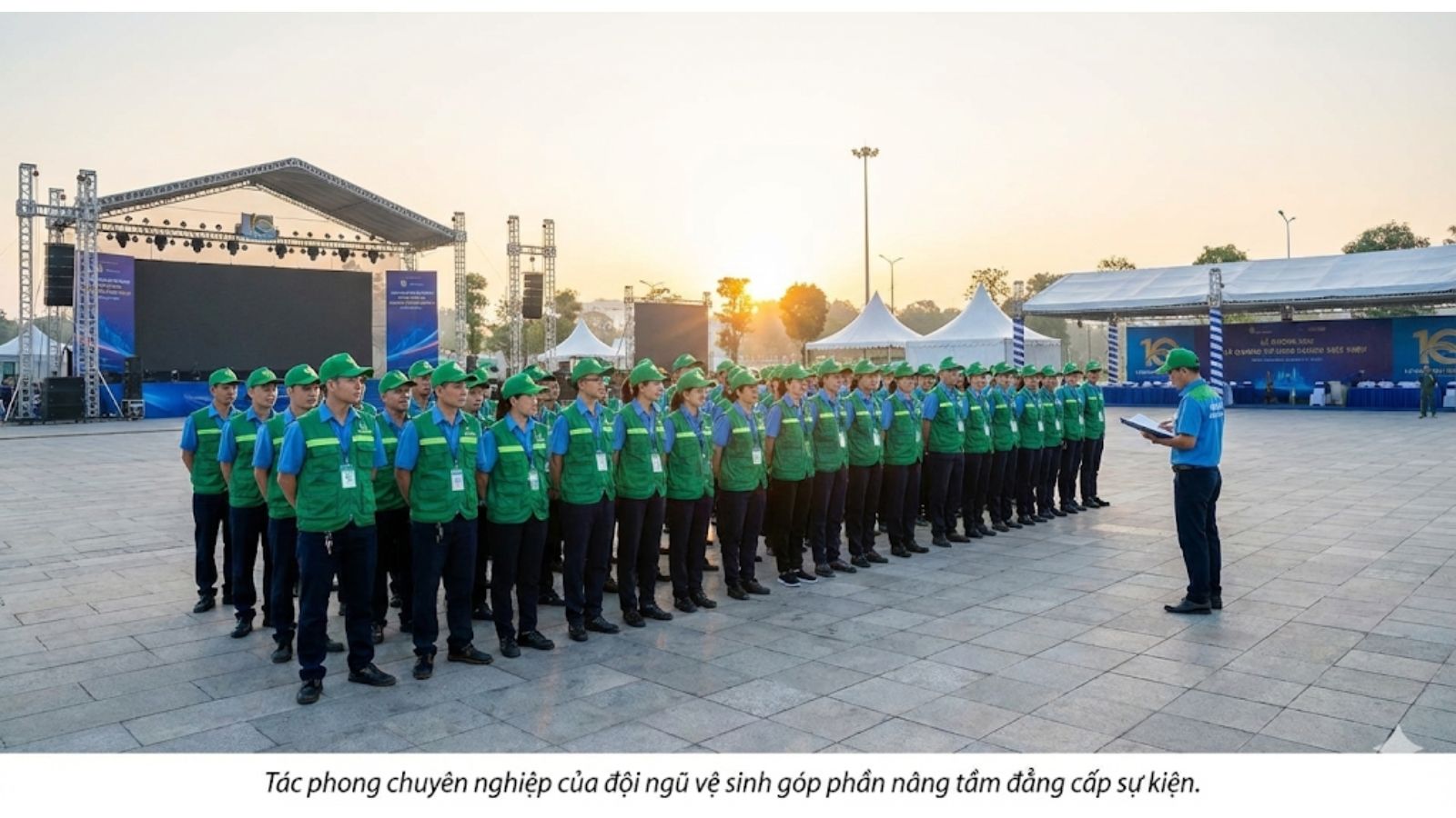 Tác phong chuyên nghiệp của đội ngũ vệ sinh góp phần nâng tầm đẳng cấp sự kiện